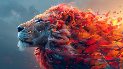 A majestic lion's head profile with its mane transforming into a cascade of vibrant autumn leaves in an artistic blend. - obrazy, fototapety, plakaty
