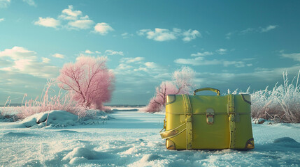 Against the tranquil beauty of a winter landscape, a makeup artist's chartreuse cosmetic bag adds a burst of energy next to a delicate pink suitcase, signaling the start of a creative journey.