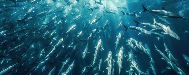 Fototapeta na wymiar Aerial view of a dense swarm of spinner sharks in the Atlantic Ocean