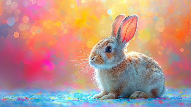 Adorable bunny with translucent ears sits poised against a vibrant, multicolored bokeh light background.