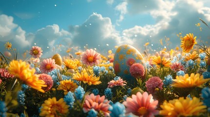 Fototapeta na wymiar A meadow transformed by Easter eggs and joyous children.