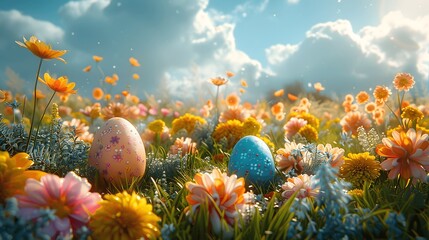 Fototapeta na wymiar Hidden Easter treasures in a sunny floral meadow.