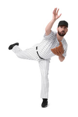 Baseball player with leather glove on white background