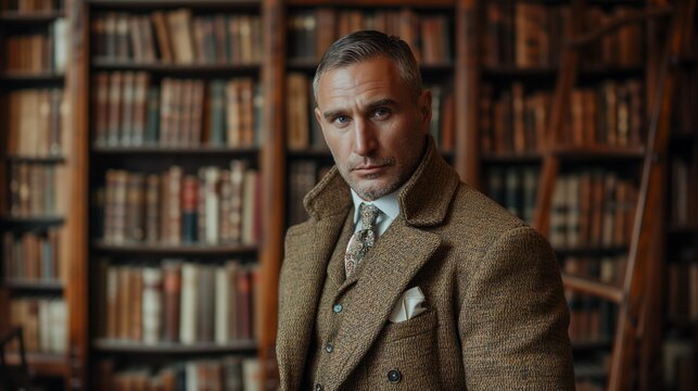 Sophisticated Man in Old English Library, generative ai