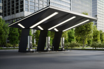 Electric vehicle fast charging station. 3d rendering of abstract architecture with city background. © MIRROR IMAGE STUDIO