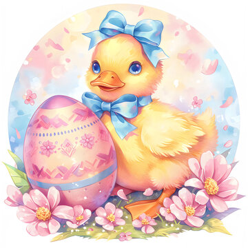recommend clip art: Cute yellow duck with Easter egg in meadow with spring wildflowers. Watercolor cartoon kid`s book illustration. Happy easter concept. Element design with duckling pet animal