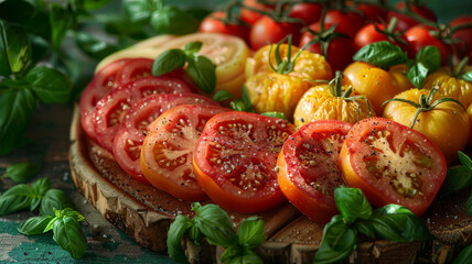 Sliced ripe tomatoes with basil on a wooden surface. - Powered by Adobe