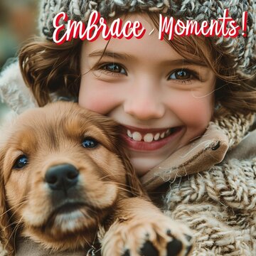 Image of a lovely girl hugging her puppy with subscription " Embrace moments!" 