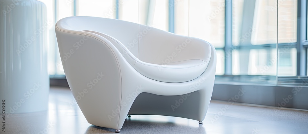 Poster a comfortable white chair rests in front of a window in a room, adding a touch of elegance and relax