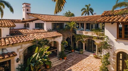 Fototapeta premium A luxurious Mediterranean villa with terracotta roofs and a sprawling courtyard AI generated illustration