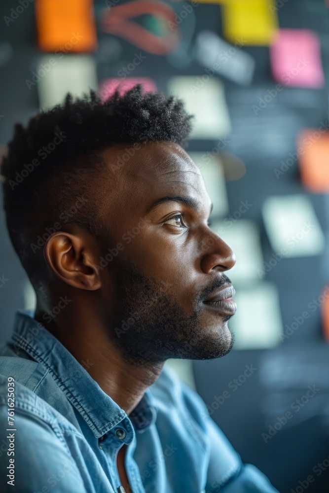 Poster a male corporate innovator captured in an ideation session displaying inventive thinking and focus r