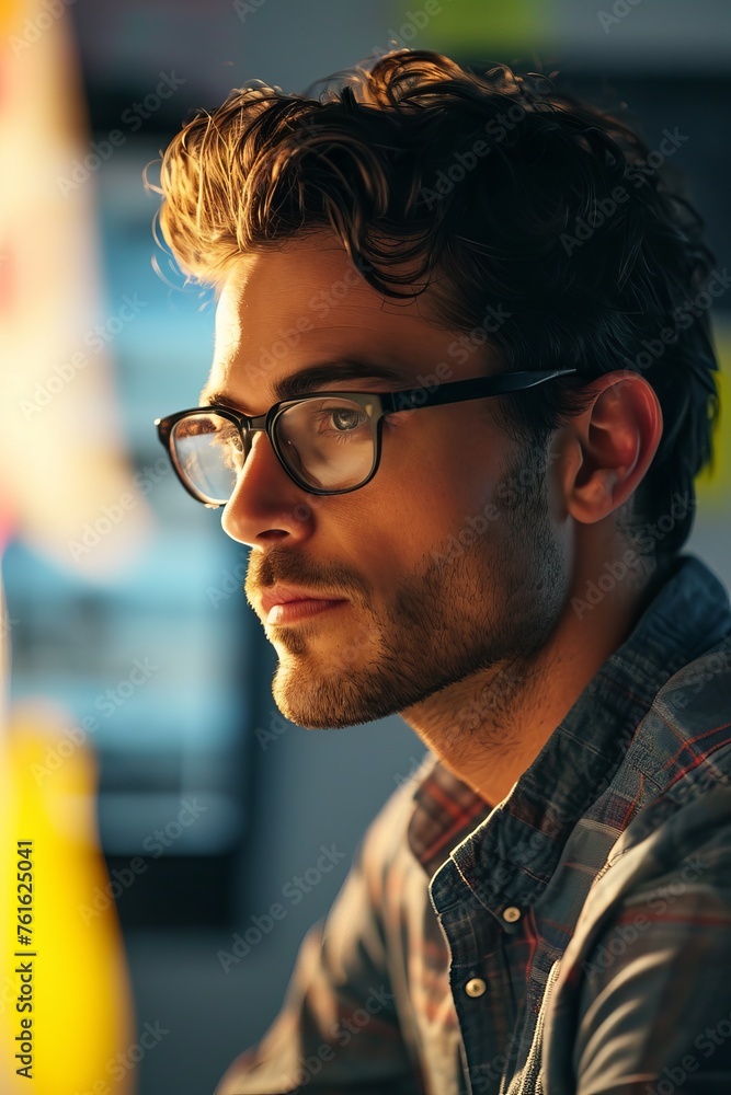 Poster a male corporate innovator captured in an ideation session displaying inventive thinking and focus r