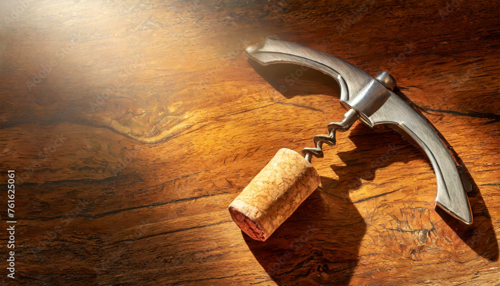 Poster close-up of an old metallic corkscrew and a wine cork on a wooden table with copy space. generative 