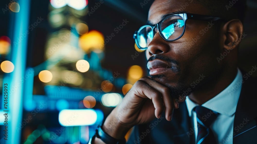 Poster a male financial analyst captured in a data-driven scenario evincing precision and analytical thinki