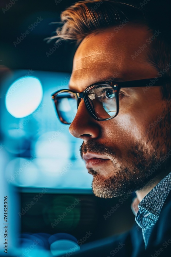 Poster a male financial analyst captured in a data-driven scenario evincing precision and analytical thinki