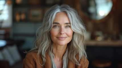 closeup of beautiful elder woman with grey hair - 761625011
