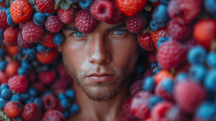 head of berry man promoting fruit diet habit