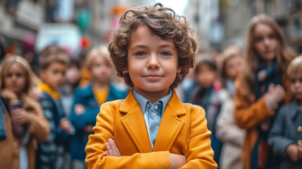 young boy leader wearing yellow suit with arms folded - obrazy, fototapety, plakaty