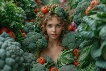 young superhero woman covered in many vegetables