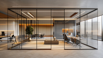Fototapeta premium Contemporary and spacious office interior design featuring glass partitions, elegant furniture, and ambient lighting