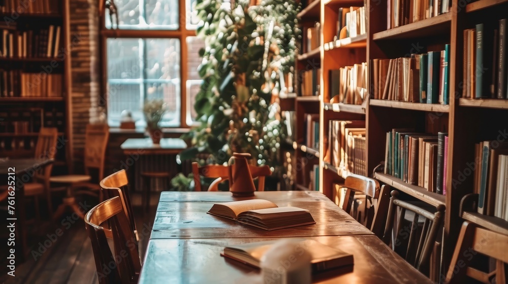 Poster a minimalist library with a single book on the center table ai generated illustration
