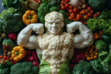 cauliflower man flexing his strong healthy muscles - obrazy, fototapety, plakaty