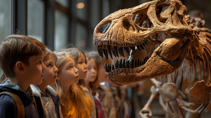 young class of children looking at dinosaur skeleton in museum