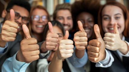 closeup of diverse business people making thumbs up sign - 761625208