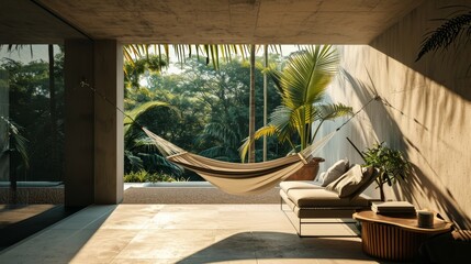 A minimalist outdoor terrace with a solitary hammock and a palm tree     AI generated illustration