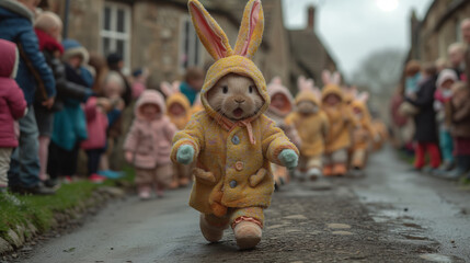 easter bunny leading parade of children on village street - 761625241