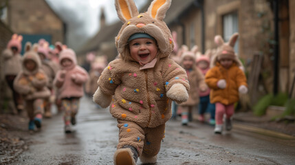 children dressed as easter bunnies walking down the streets - 761625247