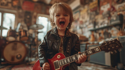 young boy playing the electric guitar with passion - 761625269