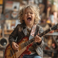 passionate little boy playing the guitar and screaming - 761625291