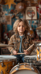 cute little boy playing the drums with passion - 761625403