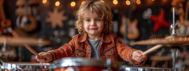young boy drummer holding drum sticks and playing - obrazy, fototapety, plakaty