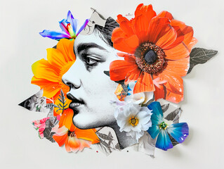 A collection of various flowers arranged around the central image of a woman's face, creating a unique retro collage.
