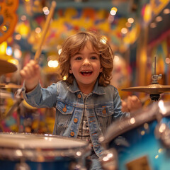happy little kid holding drum sticks and playing - 761625426