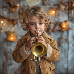 small little boy playing the trumpet - 761625473