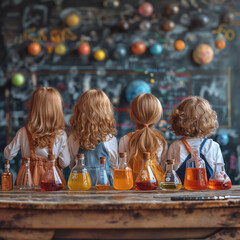 group of children geniuses in chemistry looking at wall - 761625477