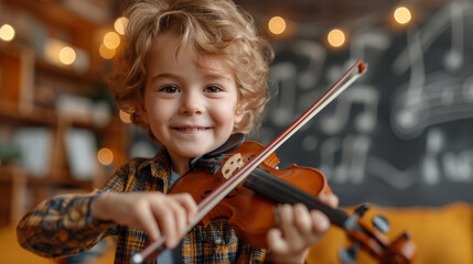 close up of happy little boy playing the violin - 761625481