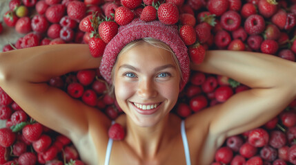 happy woman resting on red raspberries - 761625489