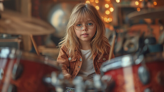 cute little girl wearing glasses taking drum lessons