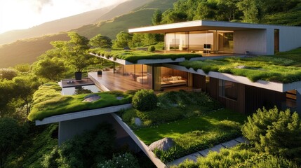 A modern eco-friendly house with green roofs and sustainable features     AI generated illustration