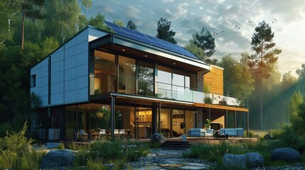 A modern eco-friendly house with solar panels and energy-efficient features     AI generated illustration
