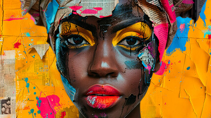 African American woman portrait trendy paper art collage. Contemporary art with vivid neon colors and ripped paper.