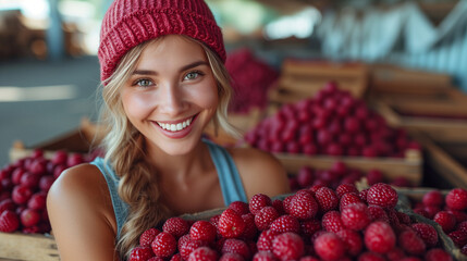 attractive woman holding a box of raspberries and smiling - 761625644