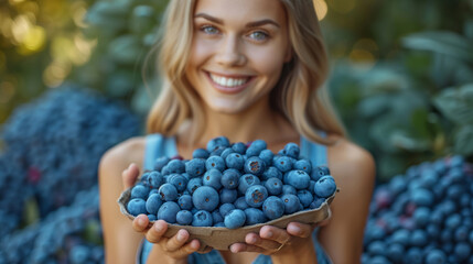 portrait of attractive woman holding a plate of blueberries - 761625658