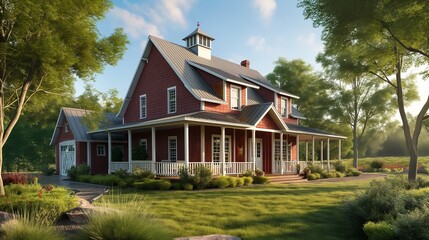 A modern farmhouse featuring a wraparound porch and a charming red barn AI generated illustration