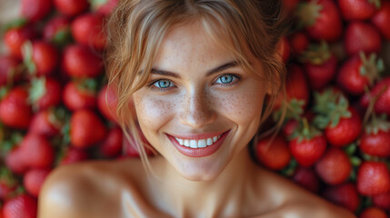 beautiful woman lying on strawberries and smiling - 761625676