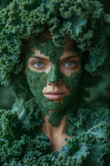 vegan attractive woman covered in kale leaves